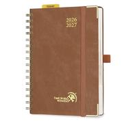 POPRUN Agenda 2026 2027 Journalier Scolaire 21,5 x 14,5 cm，1 Page par Jour D'Août 2026 à Juil 2027 12 Mois，couverture rigide en PU，Onglets Mensuels，Règle-signet，Papier 80g/m²，Marron