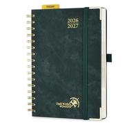 POPRUN Agenda 2026 2027 Journalier Scolaire 21,5 x 14,5 cm，1 Page par Jour D'Août 2026 à Juil 2027 12 Mois，couverture rigide en PU，Onglets Mensuels，Règle-signet，Papier 80g/m²，Vert Noirâtre