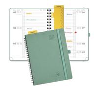 POPRUN Agenda 2026 2027 Semainier 22 x 16,5 cm D'Août 2026 à Déc 2027，Planner Disposition Horizontale Scolaire 17 Mois avec Couverture Souple Spirale，Une Règle-signet，Papier 80g/m²，Vert Militaire