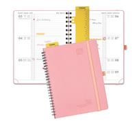 POPRUN Agenda 2026 2027 Semainier 22 x 16,5 cm D'Août 2026 à Déc 2027，Planner Disposition Horizontale Scolaire 17 Mois avec Couverture Souple Spirale，Une Règle-signet，Papier 80g/m²，Rose Doux