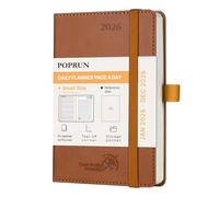 POPRUN Agenda de poche 2026 Journalier 16 x 10,5 cm - Couverture Souple en PU Cuir, 1 Page par Jour A6 petite Planner, D'Jan 2026 à Déc 2026, Signet à 2 rubans, Papier 70 g/m², Marron