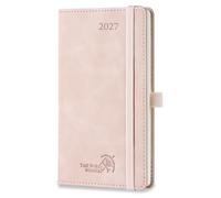 POPRUN Agenda de Poche 2027 Semainier 16,3 x 8,8 cm,Jan 2027- Déc 2027 | Couverture Rigide en PU Cuir Velouté,Petit Weekly Planner de 12 Mois,2 Signet Rubans,Papier 80 g/m²,Rose Doux