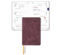 POPRUN Planificateur hebdomadaire de poche 2026 - Format super mini - 7,6 x 11,4 cm - 12 mois - 2 pages par semaine avec aperçu mensuel - Couverture souple - Deux rubans marque-pages - Bordeaux
