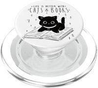 PopSockets Chat Life Is Better With Cats And Books, Livres PopGrip pour MagSafe, Transparent