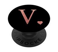 PopSockets Coeur Rose Lettre V Monogramme initial, Noir, Mignon PopSockets PopGrip - Support et Grip pour Smartphone/Tablette avec un Top Interchangeable