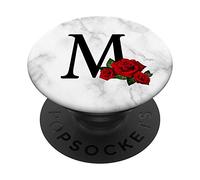 PopSockets Fleur Rose Rouge, Lettre Noire M Monogramme Initial, Floral PopSockets PopGrip - Support et Grip pour Smartphone/Tablette avec un Top Interchangeable
