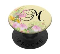 PopSockets Monogramme de la lettre M Fleurs de flamant rose Jaune PopSockets PopGrip - Support et Grip pour Smartphone/Tablette avec un Top Interchangeable