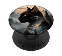 PopSockets PopGrip Adhésif, Chat et montagne, silhouette de chat marron, Compatible avec les téléphones portables (sauf ceux avec charge sans fil), Poignée de disque extensible en Plastique, Noir