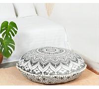 Popular Handicrafts Housse de Coussin de Plancher - Grande Housse de Coussin Hippie à Motif Mandala - Housse de Pouf Rond bohème - Décoration de Yoga - Motif sérigraphié - 81,3 cm - Noir et Gris