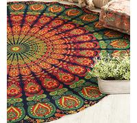 Popular Handicrafts Tapisserie murale complexe motif du mandala, style indien/hippie/bohème, effet ombré, ronde, 127 cm, bleu et jaune