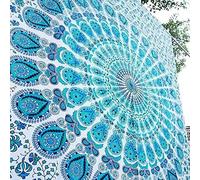 Popular Handicrafts Tenture mandala motif floral Queen Hippie psychédélique, style indien, Pensée magique, Coton, Teal and Blue on White, Twin (215x140) cms