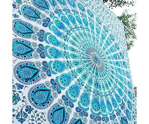 Popular Handicrafts Tenture mandala motif floral Queen Hippie psychédélique, style indien, Pensée magique, Coton, Teal and Blue on White, Twin (215x140) cms