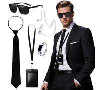 poraceous 5 Pièces Agent Costume Accessoires, Accessoires d'Agent de Sécurité Secrète, avec Lunettes Soleil Cravate Montre Tube d'Écouteur Badge d'Identification, pour Hommes Femmes Enfants Cosplay
