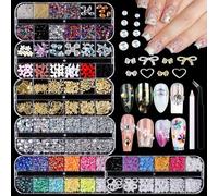 poraceous 6 Boîtes Strass Ongles, Breloques pour Ongle, Strass Ongles Nail Art, Cœur 3D, Nœud, Papillon, Décorations pour Ongle, Petite Boule Acier Doré Convient Manucure, Stylo Cire pour Pince Épiler