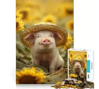 Porcelet dans Un Champ de tournesols avec Chapeau Puzzle de 1000 pièces pour Adolescents Jeu Mental Moment de détente Découpe de qualité supérieure Cadeau Artistique (38x52cm)
