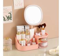 Porceosy Organiseur de maquillage avec tiroirs de rangement, boîte de rangement de maquillage avec miroir LED, plusieurs compartiments pour commode et salle de bain, rose