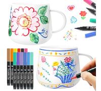PORFOYO 2 Pièces Kit de Peinture sur Céramique, Tasses à Peindre, Tasses en Céramique et 12 Marqueurs Couleurs, Mug Personnalisable, Tasse à Peindre pour Couples, Partenaires, Anniversaire