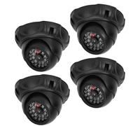 PORFOYO 4 Pièces Caméra Factice Extérieur, Caméra Surveillance sur Batteries Dummy, LED Rouge Clignotante, Rotative 360° pour Intérieur & Extérieur, avec Panneaux Avertisseurs CCTV