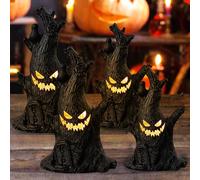 PORFOYO 4 Pièces Lanterne Halloween LED, Fantômes Décoratifs, Souche D'arbre Avec Lumière LED, Accessoires De Décoration D'Halloween