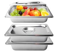 PORFOYO Bac Gastro Inox, Set de 3 Bacs Gastronomiques Inox avec Couvercles, Plat Inox avec Couvercle, Plat Inox 32,5x17,6x6,5cm GN 1/3 pour Panure, Cuisine Pro, Service