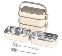 PORFOYO Bento Lunch Box, Double Couche Boîte à Déjeuner avec Compartiments, Boîte à Lunch avec Couverts, Boîte à Déjeuner Bento en Acier Inoxydable, Lunchbox pour Pique-Niques Travail École