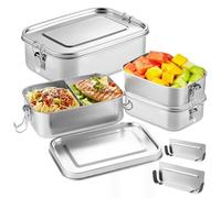 PORFOYO Boîte à bento en acier inoxydable, 500 ml + 500 ml + 800 ml + 1 400 ml Boîtes à bento en acier inoxydable avec compartiments 800 ml + 1 400 ml, pour salade, adultes, pain, déjeuner