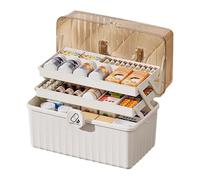 PORFOYO Boîte à pharmacie 3 étagères avec poignée et compartiment amovible, organisateur pour médicaments, cosmétiques, bijoux, blanc ivoire, 32 x 22 x 17 cm