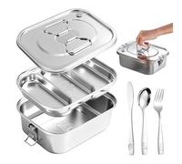 PORFOYO Boite Lunch Inox 304, Boite Inox 1800ML à 3 Compartiments, Boîtes Bento avec Poignée Antifuite, pour Enfants avec Set de Couverts (Fourchette/Couteau/Cuillère)
