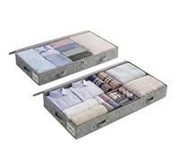 PORFOYO Boîte Rangement Sous Lit 2 Pièces, Boite Rangement Vetement 50L, avec 4 Poignées & 2 Fermetures Éclair, Faltable, Gris, 100×50×10 cm