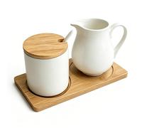 PORFOYO Ensemble De Lait Et De Sucre: Ensemble De Sucre Et De Crème avec Couvercle Et Cuillère, Pot à Lait Blanc Et Sucrier avec Plateau en Bois pour Cuisine, Salle à Manger, Passe Au Lave-Vaisselle