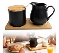 PORFOYO Ensemble de pots à lait et sucre avec couvercle et cuillère, pot à lait en céramique avec plateau en bois, sucrier Barista, Sugar and Creamer, passe au lave-vaisselle et au micro-ondes, noir