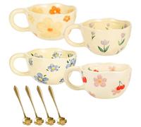 PORFOYO Ensemble de tasses en céramique : lot de 4 tasses à thé en céramique faites à la main fleur, esthétique créative tasse à café cadeau lait, tasses irrégulières pour la maison et le bureau
