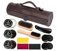 PORFOYO Kit de cirage de chaussures de voyage 12 pièces avec brosses à chaussures, chiffon de polissage, chausse-pied, éponge, accessoires d'entretien pour le nettoyage des chaussures en cuir
