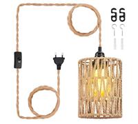 PORFOYO Lampe Suspendue Avec Prise,4,5 M E27 Suspension En Rotin Et Câble, Suspension Luminaire Vintage Pour Cuisine,Balcon,Couloir,Table A Manger,Gazebo,Couloir,Intérieur