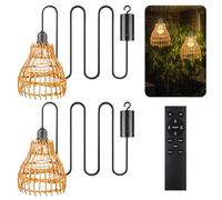 PORFOYO Lot de 2 suspensions bohème avec batterie, en rotin, vintage, à piles, suspension LED avec télécommande, lampe suspendue pour extérieur, jardin, salon et salle à manger