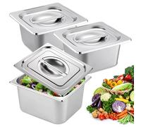 PORFOYO Lot De 3 Bac De Cuisson En Inox 1/6 Bac Inox 17,6x16,2x10cm Bols À Paner Avec Couvercle, Plat Rectangulaire Ensemble De Récipients En Acier Inoxydable Récipient Gastronorme Pour Nourriture