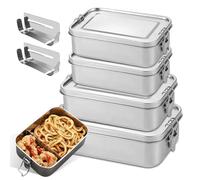 PORFOYO Lot de 4 boîtes à déjeuner en acier inoxydable avec compartiments, 550 ml, 850 ml, 1400 ml, boîte à lunch en acier inoxydable avec couvercle, boîtes Bento en acier 304 avec compartiments