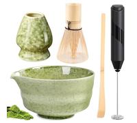 PORFOYO Lot de 5 pièces avec mousseur à lait électrique, set à thé Macha, set à thé matcha, fouet à matcha, bol à matcha, fouet en bambou