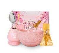 PORFOYO Matcha Kit, Lot de 5 Kit Matcha Complet, Matcha Set avec Tamis, Bol Matcha en Céramique, Fouet Matchat, Support de Fouet, Ccuillère en Bambou, pour Cérémonie Du Thé Japonaise, Rose