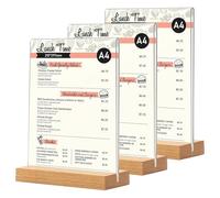 PORFOYO Présentoir de Table Acrylique A4,3 Pièces Support pour Menu Transparent A4 Présentoirs Verticals Double Face,A4 Presentoir avec Base en Bois, Supports de A4 pour Flyers,Photos,Publicités,Menus
