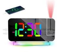 PORFOYO Réveil avec projection, réveil à projection avec horloge miroir LED RVB, veilleuse 10 couleurs et projecteur rotatif à 180°, réveil numérique avec USB-C, pour chambre à coucher, enfants