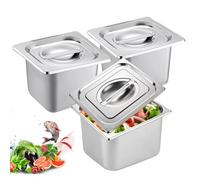 PORFOYO Set de 3 Bacs GN 1/6 - Bac Gastro Inox avec Couvercle - Résistant à la Chaleur, Alimentaire et Idéal pour Cuisine, Buffet et Traiteur