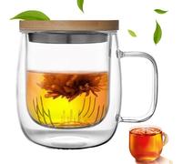 PORFOYO Tasse à Thé en Verre, 470ml Tasses à Thé, Tasse a The avec Infuseur, Tasse a The, Theiere en Verre avec Couvercle en Bambou pour Le Thé Noir, Les Boissons, Le Café, Les Sachets de Thé