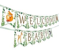 Porgeel Welcome Baby Banner Forest Animal Creatures Bunting Banner Garland for Baby Shower Decorations Gender Neutral