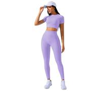 PORRASSO Ensemble de Survêtement en 2 Pièces Femmes Tenue de Sport Élastiques Leggings à Haute Taille Top Court à Manches Courtes pour Yoga Fitness Running Violet