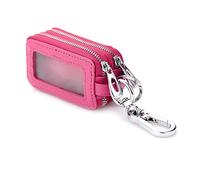 PORRASSO Etuis Porte Clés Véritable Cuir Voiture Clé Cas Portable Pochette Porte Cles Porte-Monnaie Double Zippée Car Key Case pour Hommes Femme Rose Rouge