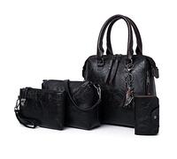 PORRASSO Femme Sac a Main Sac Bandoulière Cabas de Rétro Sac D'épaule en PU Cuir 4 Pièces Fourre-Tout pour L'école Bureau Travail Noir