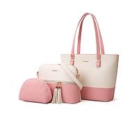 PORRASSO Femme Sac a Main Sacs Fourre-Tout de Mode Grand Sac D'épaule Sac Bandoulière 3 Pièces Sac Cabas pour L'école Bureau Travail Rose