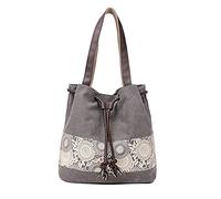 PORRASSO Femmes Sac à Bandoulière Sac à Main en Toile Sac Fourre-Tout Rétro à Cordon Fille Sac Seau Sac D'épaule pour Travail École Voyage Usage Quotidien Gris