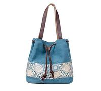 PORRASSO Femmes Sac à Bandoulière Sac à Main en Toile Sac Fourre-Tout Rétro à Cordon Fille Sac Seau Sac D'épaule pour Travail École Voyage Usage Quotidien Bleu